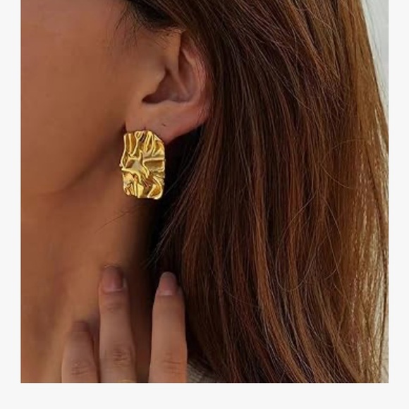 Jewelry - 18K Gold Plated Textured Chunky Rectangle Earrings Stainless Steel